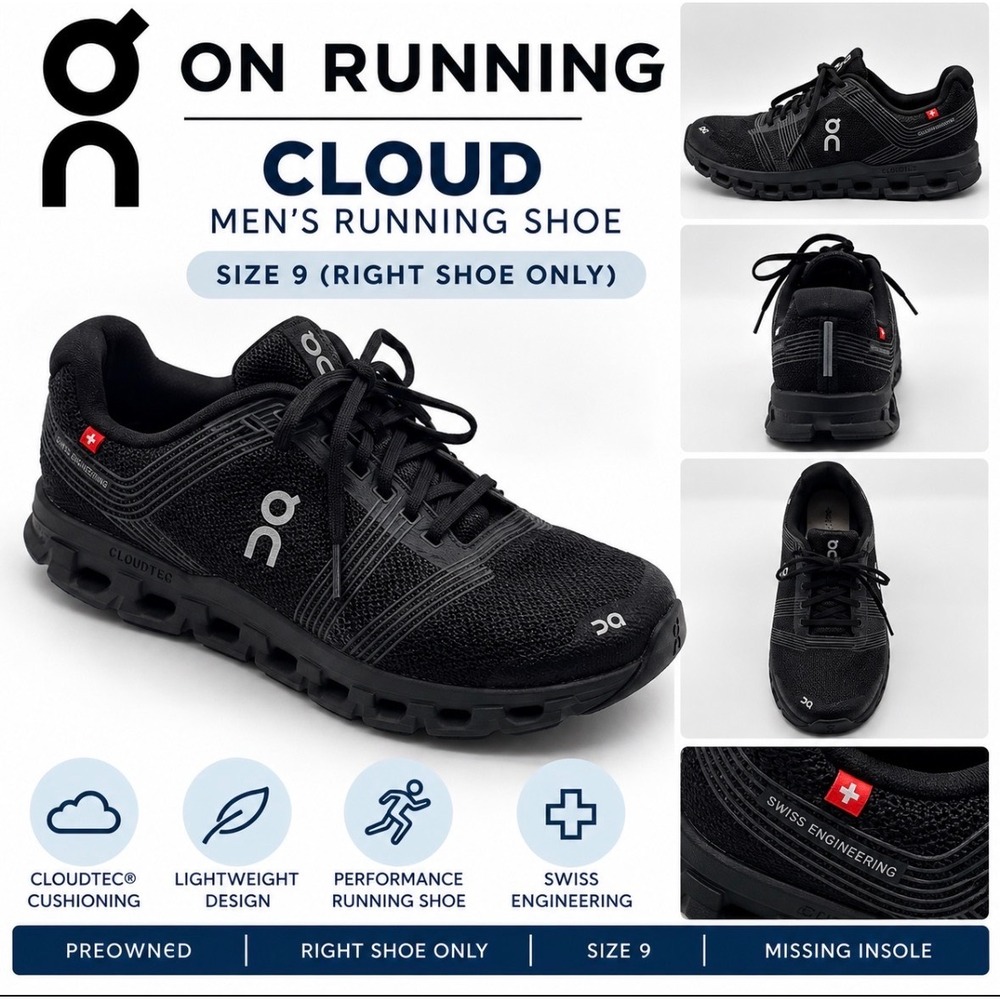 On Cloudgo Mens Running Shoe Black Right Shoe Only Size 9